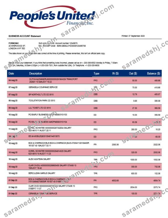 People’s United Bank business statement Word and PDF template